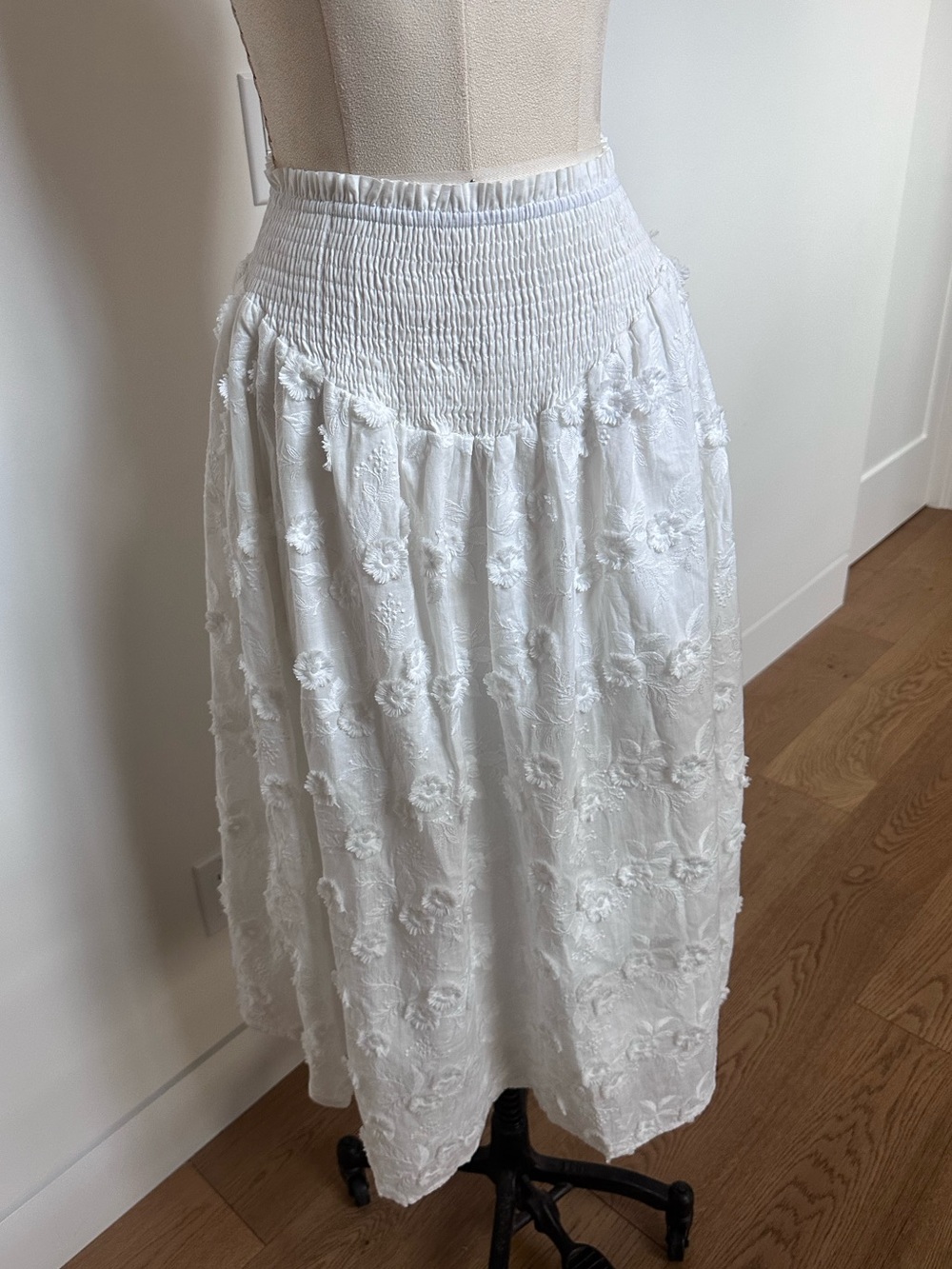 White Embroidered Midi Skirt with 3D Flower Detail